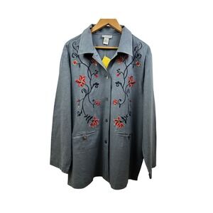 Danny & Nicole Embroidered Linen Shirt Jacket Wmn L Gray Floral NWT Art-to-Wear